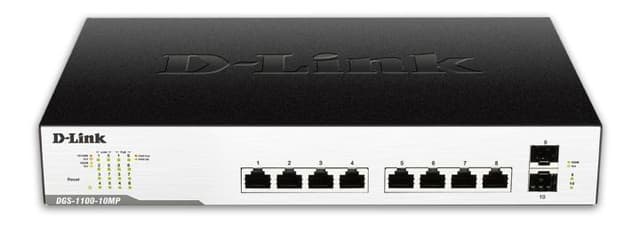 D-Link nettverksswitch, 8xRJ45, 2xSFP, PoE plus, Gigabit, black/sølv