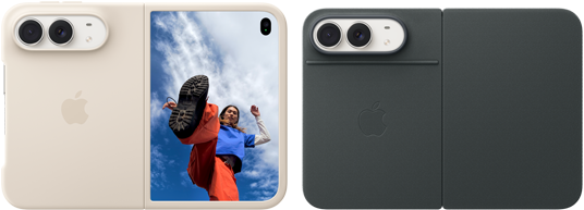 iPhone Duo i fargen stjernehvit med silikondeksel i fargen sand, liggende format, helt åpen horisontalt, Dual Fusion-kameraer øverst til venstre, dekselet dekker baksiden og den ytre kanten av skjermen på forsiden, høyre side viser et portrett av en person på frontskjermen. iPhone Duo i fargen stjernehvit, støttet opp av et marineblått Folio-deksel med støtteklaff, helt åpent horisontalt, baksiden viser de to 48 MP Fusion-kameraene på baksiden, to objektiver