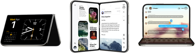 iPhone Duo, i ulike posisjoner: liggende format med skjermen opp ned, litt brettet ut, frontskjermen, helskjermdesign. Delvis åpen som en bok i stående format. Åpen i liggende format, brettet ut 90 grader, innerskjermen, helskjermdesign