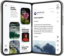 iPhone Duo, i ulike posisjoner: liggende format med skjermen opp ned, litt brettet ut, frontskjermen, helskjermdesign. Delvis åpen som en bok i stående format. Åpen i liggende format, brettet ut 90 grader, innerskjermen, helskjermdesign