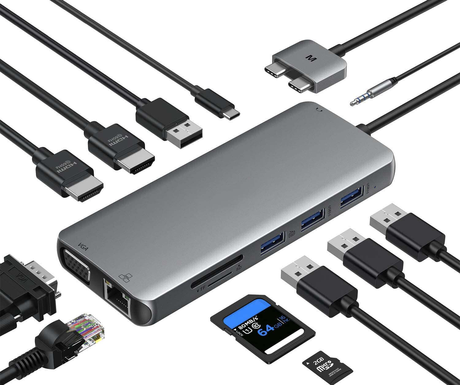 NÖRDIC Macbook Pro-dokkingstasjon 1 til 12 porter dobbel HDMI 1xVGA 1x  USB-C PD 87W 1xRJ45 Giga 4xUSB-A 2xSD / TF 1x lyd - Elkjøp