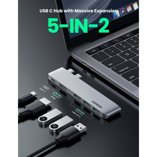 Ugreen 5Ports USB-C Docking Station HDMI 4K 30Hz USB C Gen 2 10Gbps PD 87W  3XUSB3.1 Port 5Gbps for MacBook M1, MacBook Pro og MacBook Air - Elkjøp