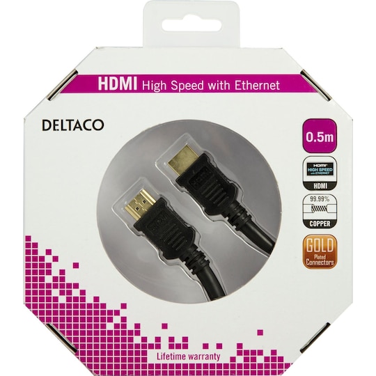 DELTACO HDMI-kabel, v1.4+Ethernet, 19-pin ha-ha, 1080p, svart, 0,5m - Elkjøp