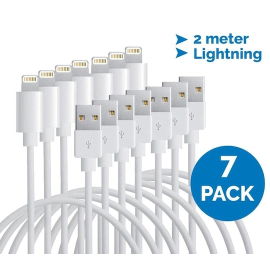 Lightning-kabel til iPhone & iPad, 2 meter, hvit, 7-pakning - Elkjøp