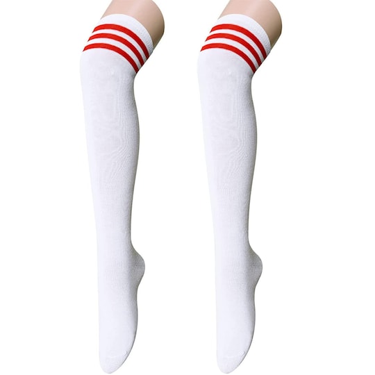 Overknee sokker hvite med røde striper L - Elkjøp