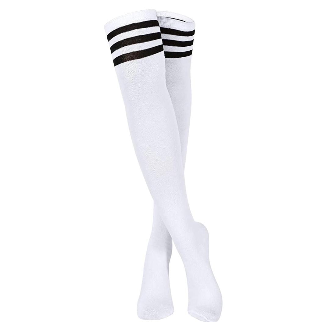 INF Overknee sokker hvite med svarte striper L - Elkjøp