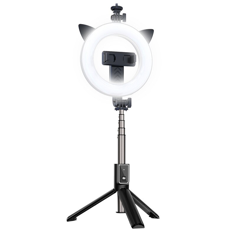 Selfie stick stativ med Bluetooth fjernkontroll og selfie lys Svart - Elkjøp