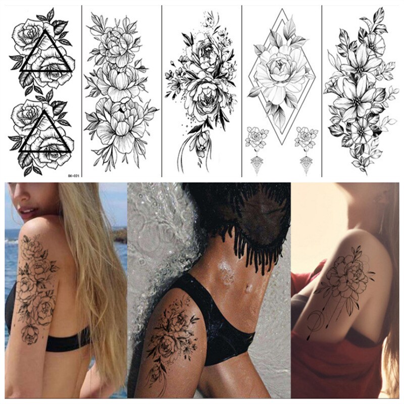 Rubs - midlertidige tatoveringer med blomstermotiver 8 stk Svart - Elkjøp