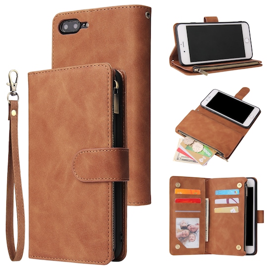 Glidelås Flip Lommebok telefonveske med kortspor/magnetisk  lukking/håndleddsstropp PU Lysebrun iPhone 7/8 Plus - Elkjøp