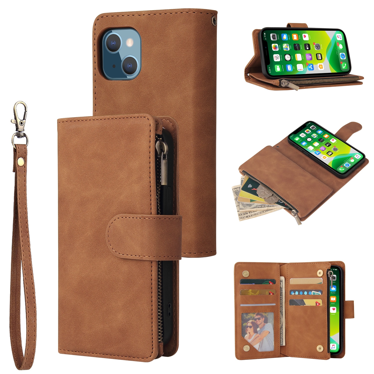 Telefonveske Lommebok med kortspor PU-glidelåslommebok med håndleddsstropp  Lysebrun iPhone 13 Mini - Elkjøp