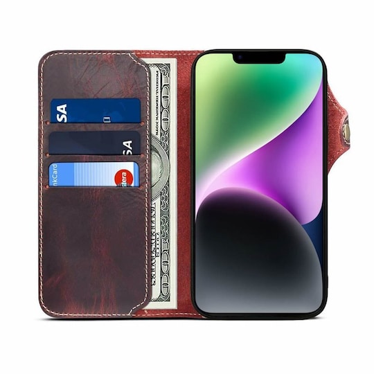 Mobil lommebok 3-korts ekte lær Apple iPhone 14 - Okseblod - Elkjøp