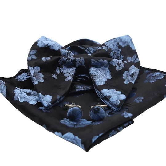 3-delt sett med slips, lommetørkle og mansjettknapper - Svart / blå - Elkjøp