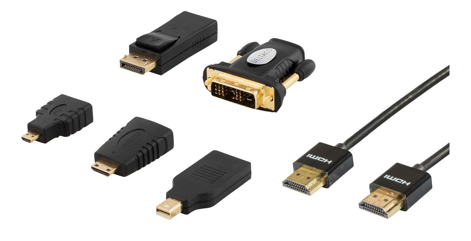 DELTACO HDMI/DisplayPort/DVI adapter kit, HDMI cable 2m, 4K, black - Elkjøp