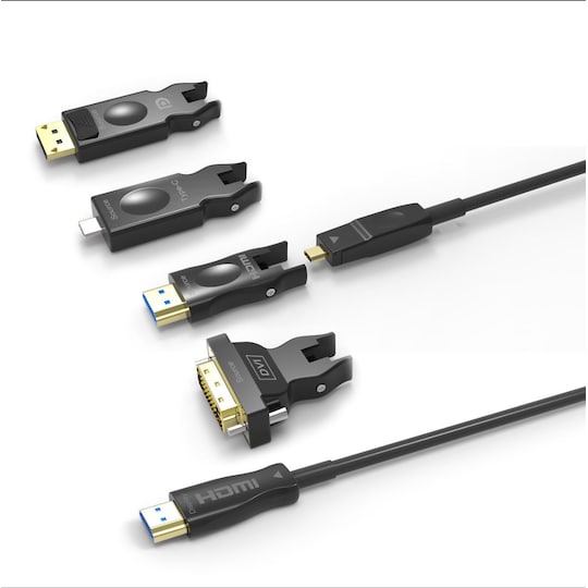 NÖRDIC 10m HDMI 2.0 AOC aktiv fiberkabel, 5 i 1 med avtakbare adaptere HDMI,  DVI, USB-C, DP og HDMI-D - Elkjøp