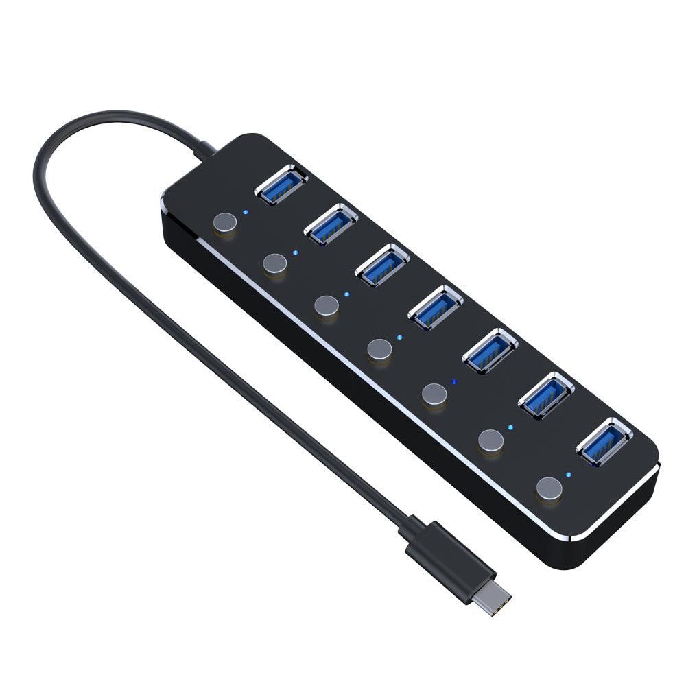 NÖRDIC drevet 7-ports USB-C 3.0 HUB med individuell bryter 5Gbps 25cm kabel  aluminium svart med strømforsyning - Elkjøp