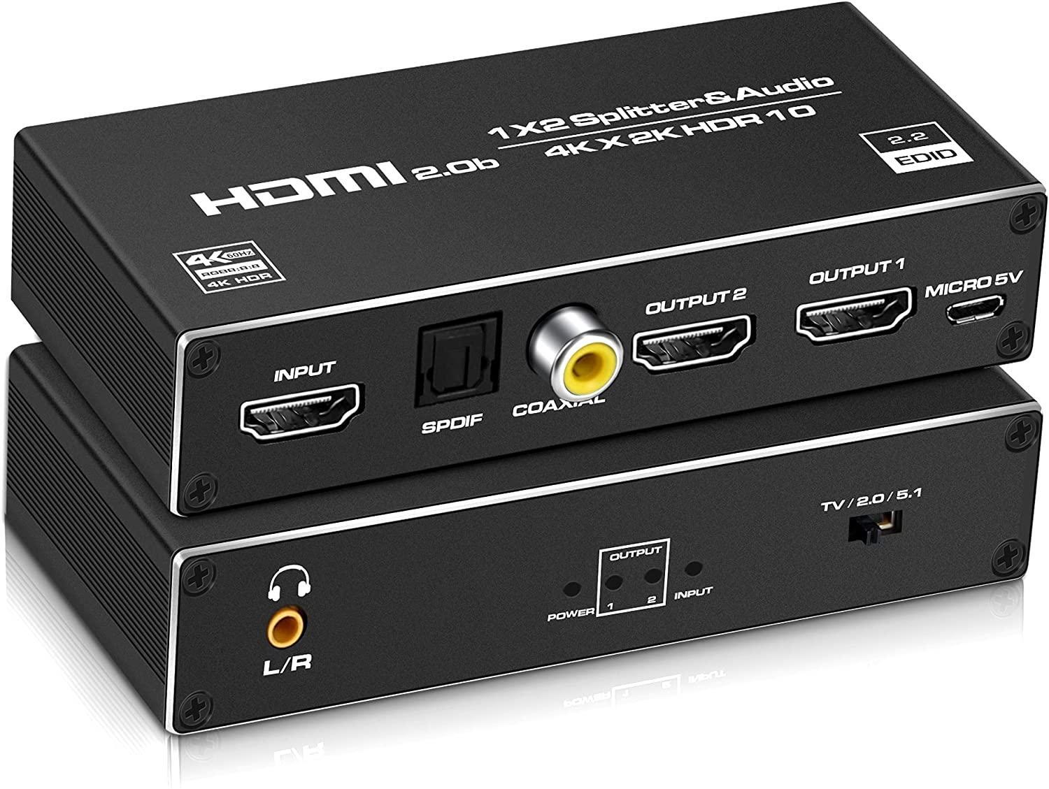 NÖRDIC HDMI splitter 1 til 2 med Audio Extractor 4K60Hz HDCP2.3 HDR10  Toslink SPDIF + Koaksial + 3,5 mm lyd - Elkjøp