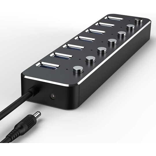 NÖRDIC drevet 7-ports USB-C 3.0 HUB med individuell bryter 5Gbps 25cm kabel  aluminium svart med strømforsyning - Elkjøp