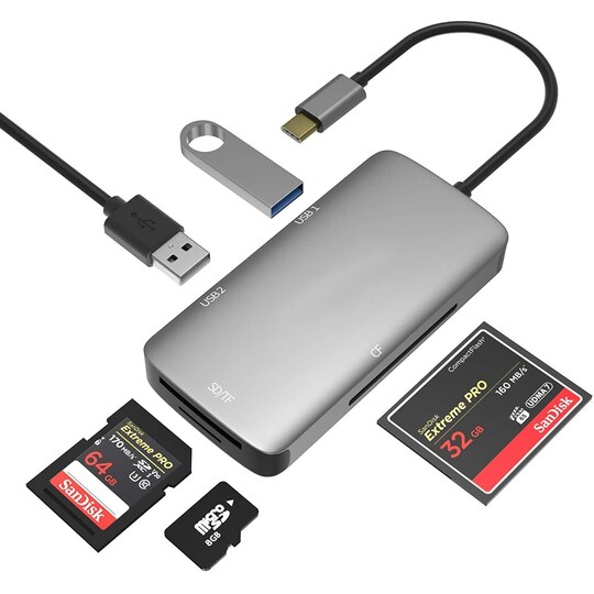 NÖRDIC 1 til 5 USB-C adapter SD / TF og CF kortleser med 2xUSB3.0 opptil 5  Gbps - Elkjøp