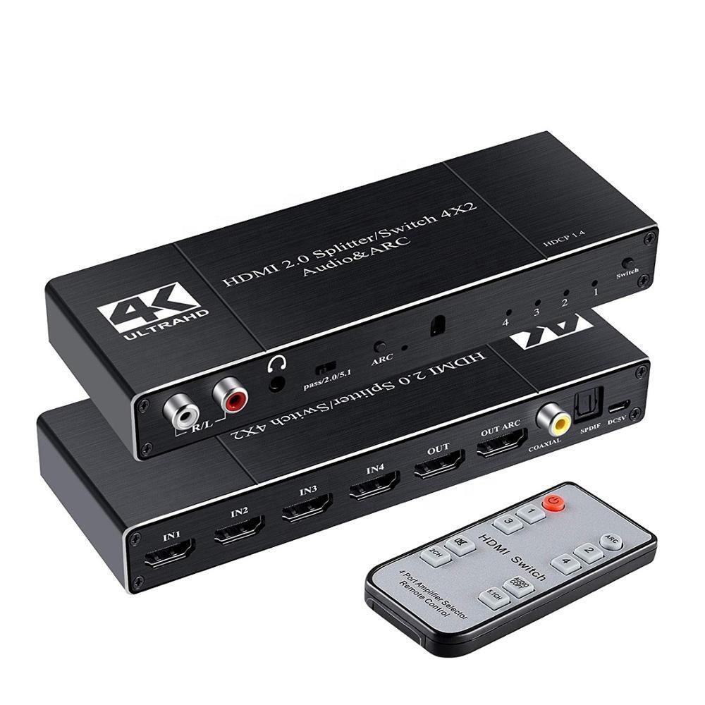 NÖRDIC HDMI Switch 4 til 2 med lydkontaktor og bue, 4kx2k i 60Hz, HDCP 2.2,  5.1 Surround, metall - Elkjøp