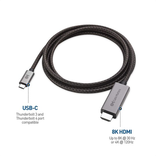 Cable Matters 1,8 m USB-C til HDMI-kabel 8K30Hz 4K 120Hz 48Gbps HDR  Kompatibel med Thunderbolt 4 og 3 - Elkjøp