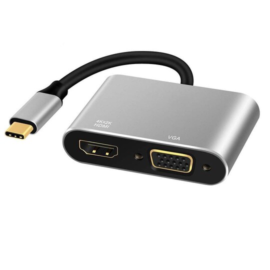 NÖRDIC USB C til HDMI 4K i 30Hz og VGA 1080P speil og utvidet modus 10cm  kabel aluminiumsrom grå - Elkjøp