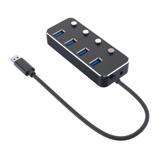 NÖRDIC drevet 4-ports hub USB 3.0 5Gbps med individuell bryter 25 cm kabel  aluminium svart med strømforsyning - Elkjøp