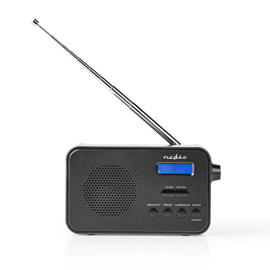 Nedis DAB+ Radio | Bærbar design | DAB+ / FM | 1.3 "" | Svart blå skjerm |  Batteri drevet / USB-Strøm | Digitalt | 3.6 W | Bluetooth® |  Hodetelefonutgang | Vekkeklokke | Sleep timer | Sort - Elkjøp