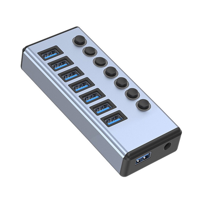 USB-splitter USB 3.0-hub 5Gbps 7-portars individuella LED på/av-brytare Grå  - Elkjøp