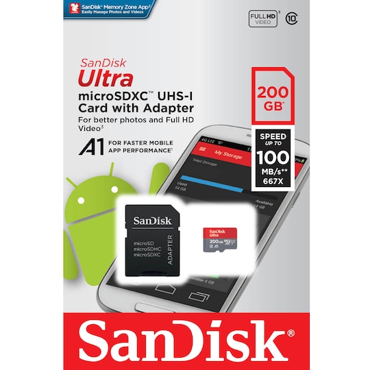 SanDisk Ultra Micro SD-kort 200 GB med SD-adapter - Elkjøp