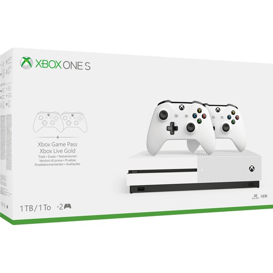 Xbox One S 1 TB + samlepakke med to kontrollere (hvit) - Elkjøp