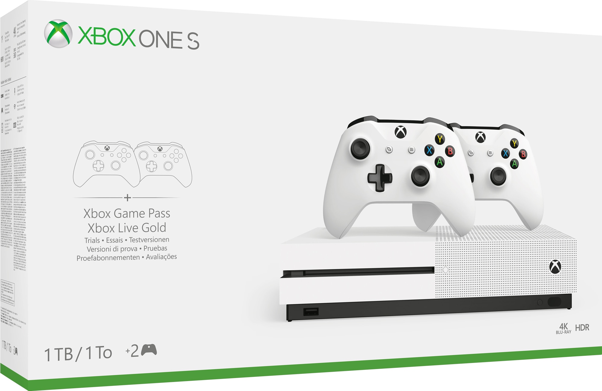Xbox One S 1 TB + samlepakke med to kontrollere (hvit ...