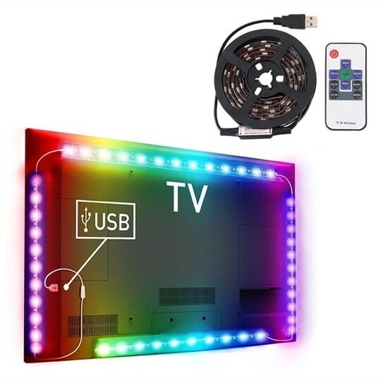 Tv belysning Usb med fjernkontroll - 12W 60 LEDs SMD 5050 RGB 1x1m - Elkjøp