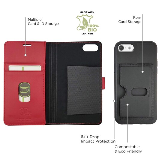 Miljøvennlig ekte lær iPhone SE/8/7/6 2 in 1 lommebok deksel - Black/Red -  Elkjøp
