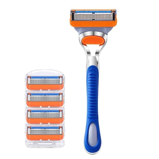 Barberhøvel og 4-pack barberblad - Kompatibel med Gillette 5 - Blå / Sølv -  Elkjøp