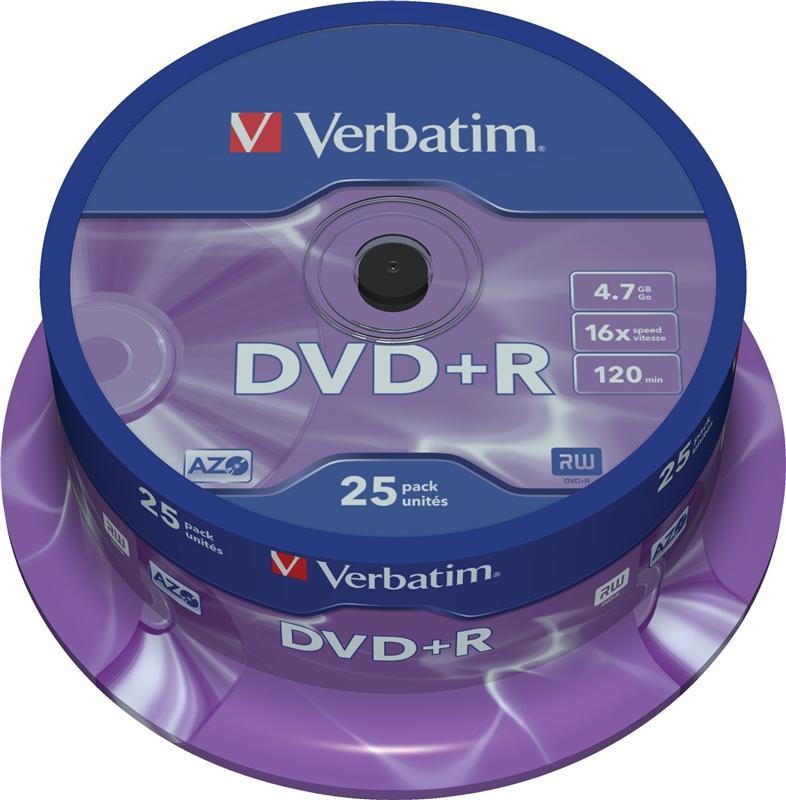 Verbatim DVD+R, 16x, 4,7 GB/120 min, 25-pack spindel, AZO - Elkjøp