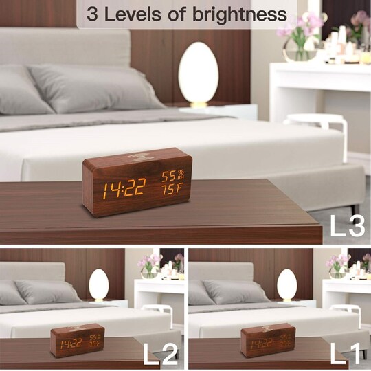 Digital LED vekkerklokke med trådløs lader - brun - Elkjøp