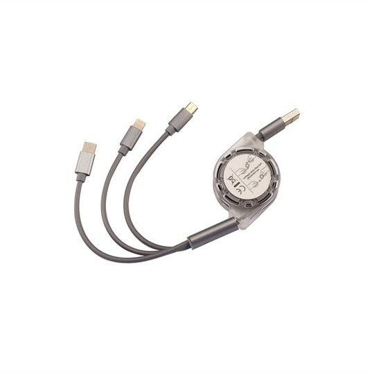 3i1 Ladekabel Apple / Samsung / Huawei / Sony Mobiltelefon - Uttrekkbar  knutefri - Elkjøp