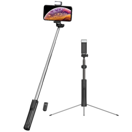 Selfie-pinne med stativ, LED-lampe og fjernkontroll - Elkjøp