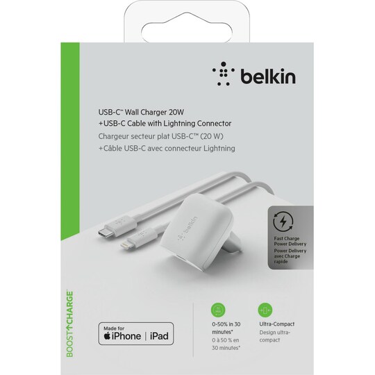 Belkin 20W vegglader + USB-C til Lightning-kabel (hvit) - Elkjøp
