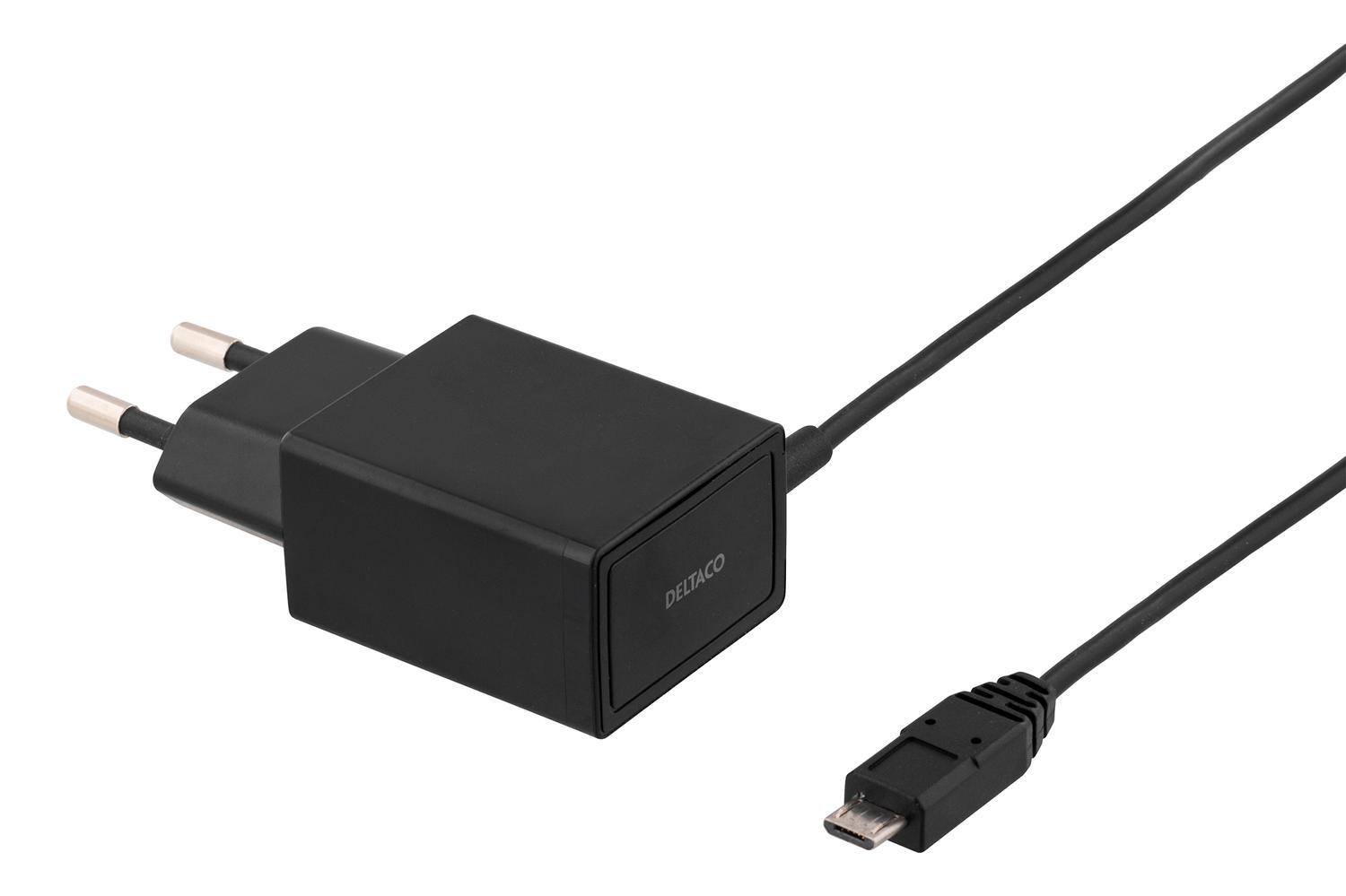 DELTACO Vegglader 230V til 5V USB, 2.1A, 1x USB Micro B, 1m, svart - Elkjøp