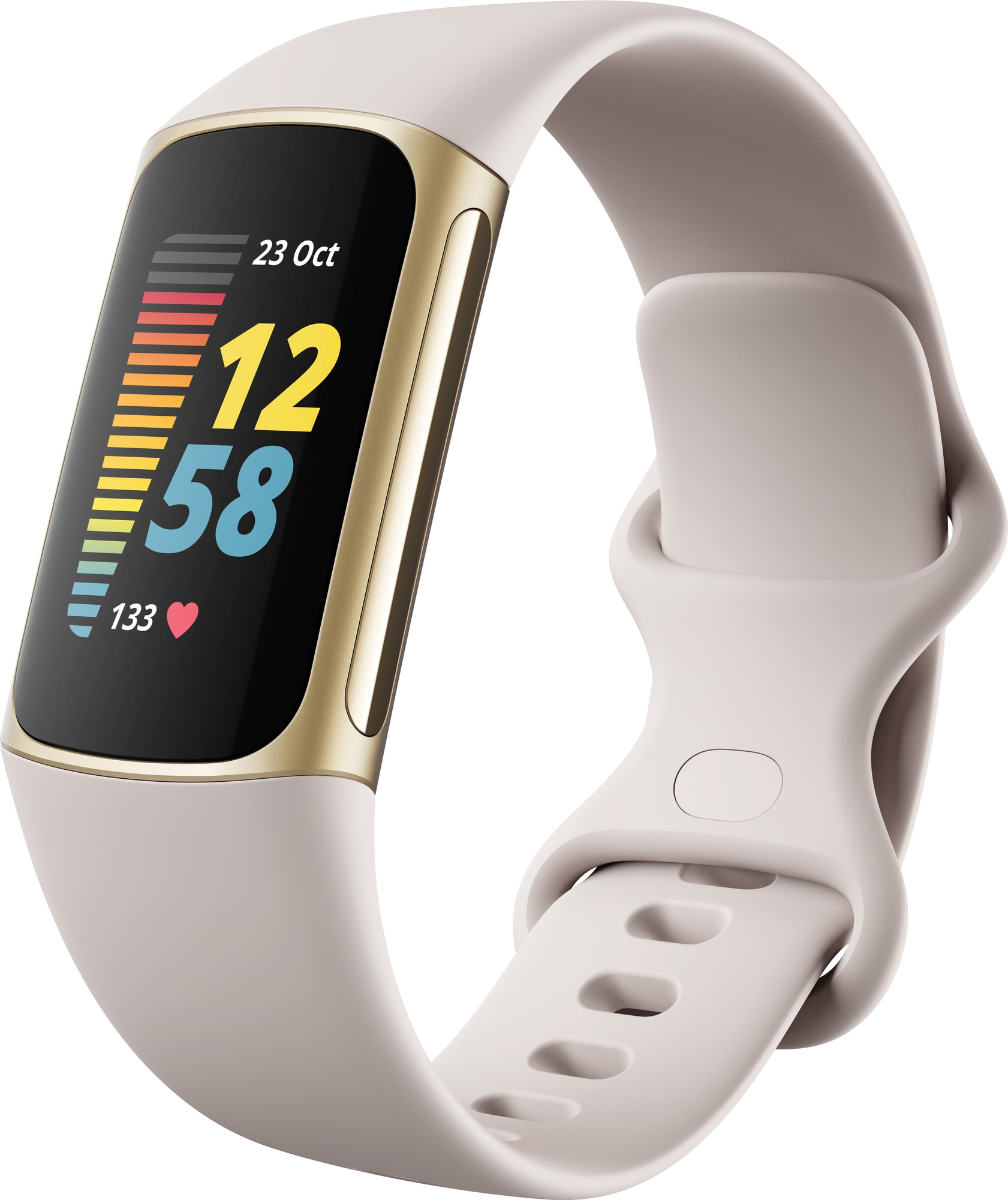 Fitbit Charge 5 aktivitetsarmbånd (lunar white/soft gold) - Elkjøp