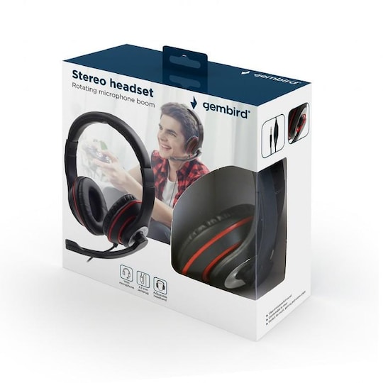 Gembird Stereo-hodesett MHS-03-BKRD Innebygd mikrofon, hodebøyle/på øret,  3,5 mm jack, svart farge med rød ring - Elkjøp