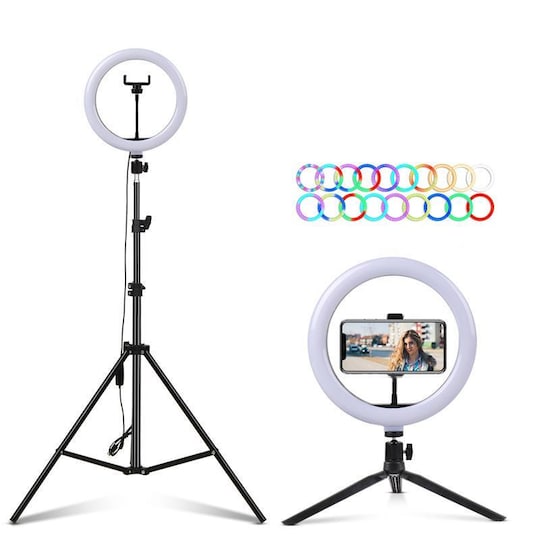 LED RGB Ring Light 30cm Diameter med mobilholder med stativ og gulvstand 5  Trinn Dimmable 19 Lysmodus Selfie Lamping Ring Lamping Ring Light - Elkjøp