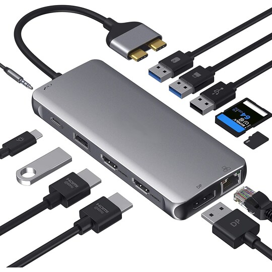 MacBook Pro-dokkingstasjon 1 til 12 Porter Double HDMI 1xdp 1x USB C PD 87W  1XRJ45 GIGA 4XUSB A 2XSD / TF 1X AUDIO - Elkjøp