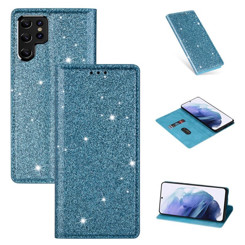 Glitter Smart FlipCase Samsung Galaxy S22 Ultra - Lyse blå - Elkjøp