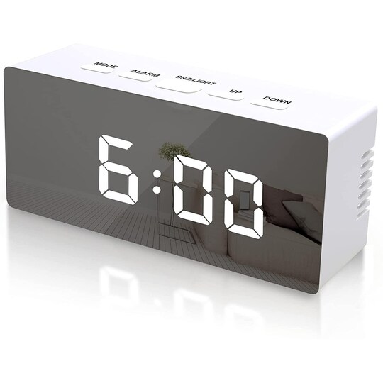 Digital LED väckarklocka med spegelyta Vit - Elkjøp