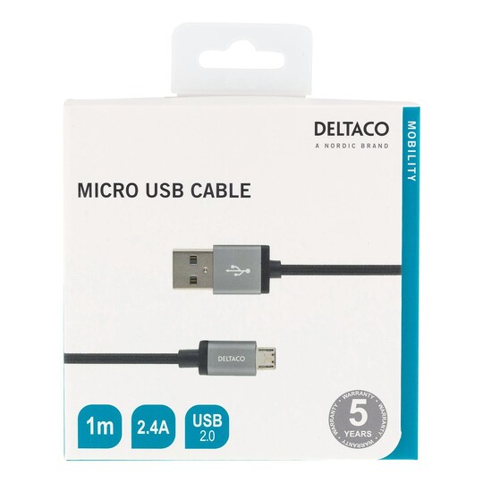 DELTACO USB-kabel, Stoffbelagt, Type A ha - Type Micro B, 1m, Sort - Elkjøp