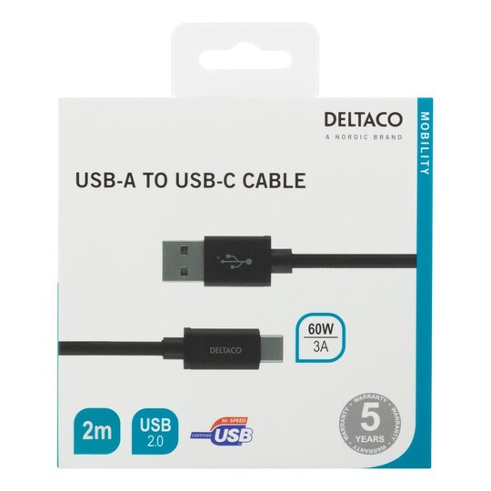 DELTACO USB-A til USB-C kabel, 2m, USB 2.0, flettet, svart - Elkjøp