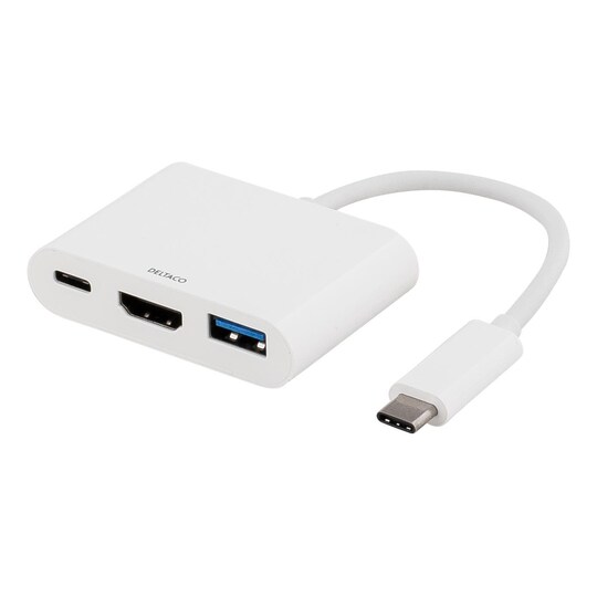 DELTACO USB-C til HDMI og USB A-adapter, USB-C-kontakt for lading, hvit -  Elkjøp
