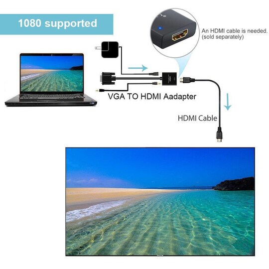 VGA til HDMI -kompatibel adapter med lydkabel - Elkjøp